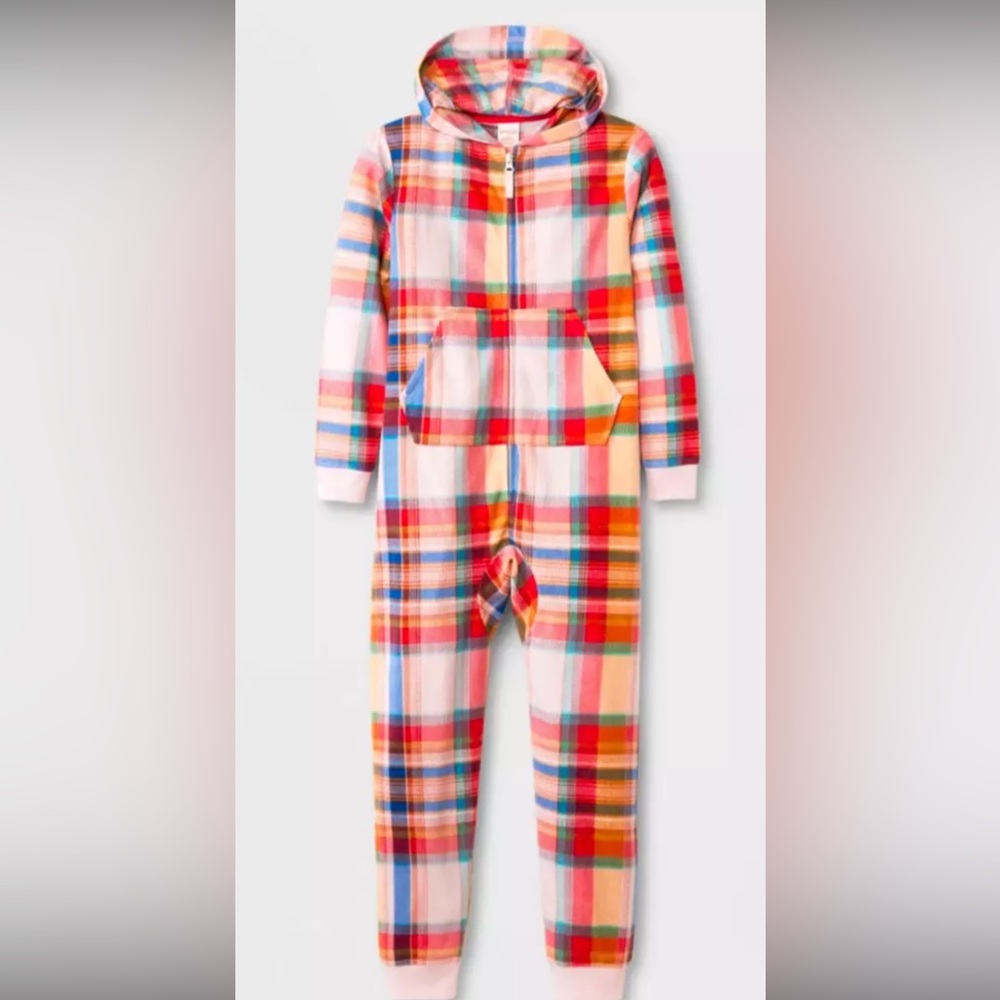 Cat & Jack Girls Fleece Union Suit One Piece Hooded Pajama Plaid retails $18